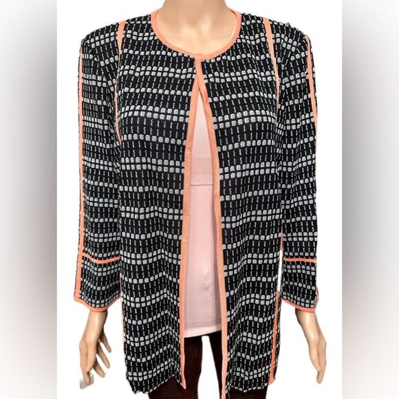 Misook Womens Cardigan L Open Front Jacket Black White Coral Trim Knit - Picture 2 of 8